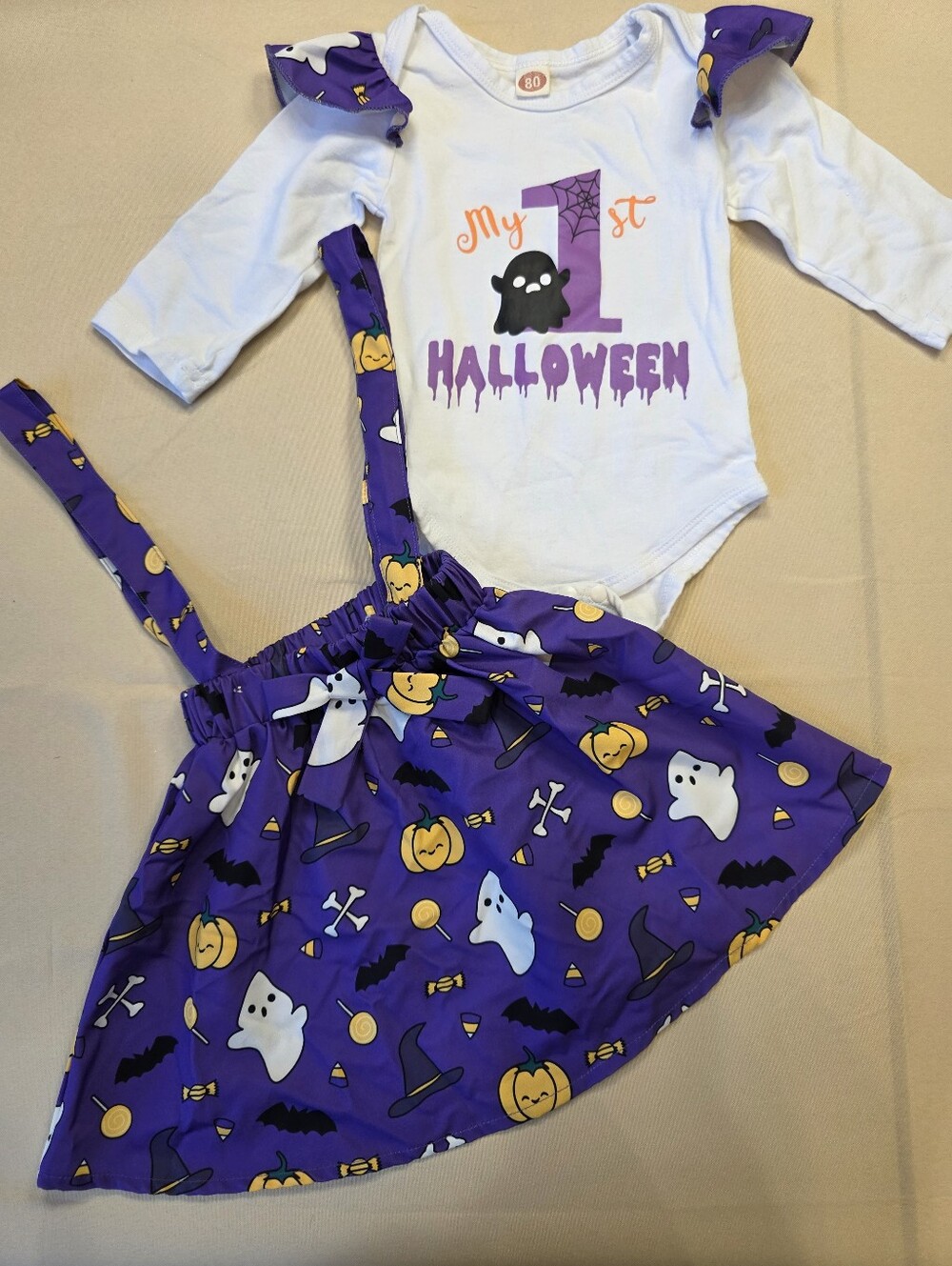 Baby My 1st Halloween Ghost Pumpkin Suspender Skirt Outfit Size 80 (12-18 Months